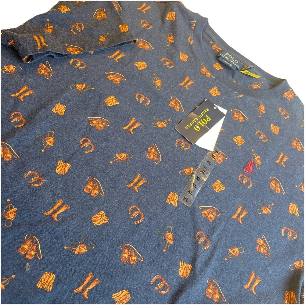 Polo Ralph Lauren Navy Blue ALL OVER EQUESTRIAN PRINT  T Shirt Men's XL‎